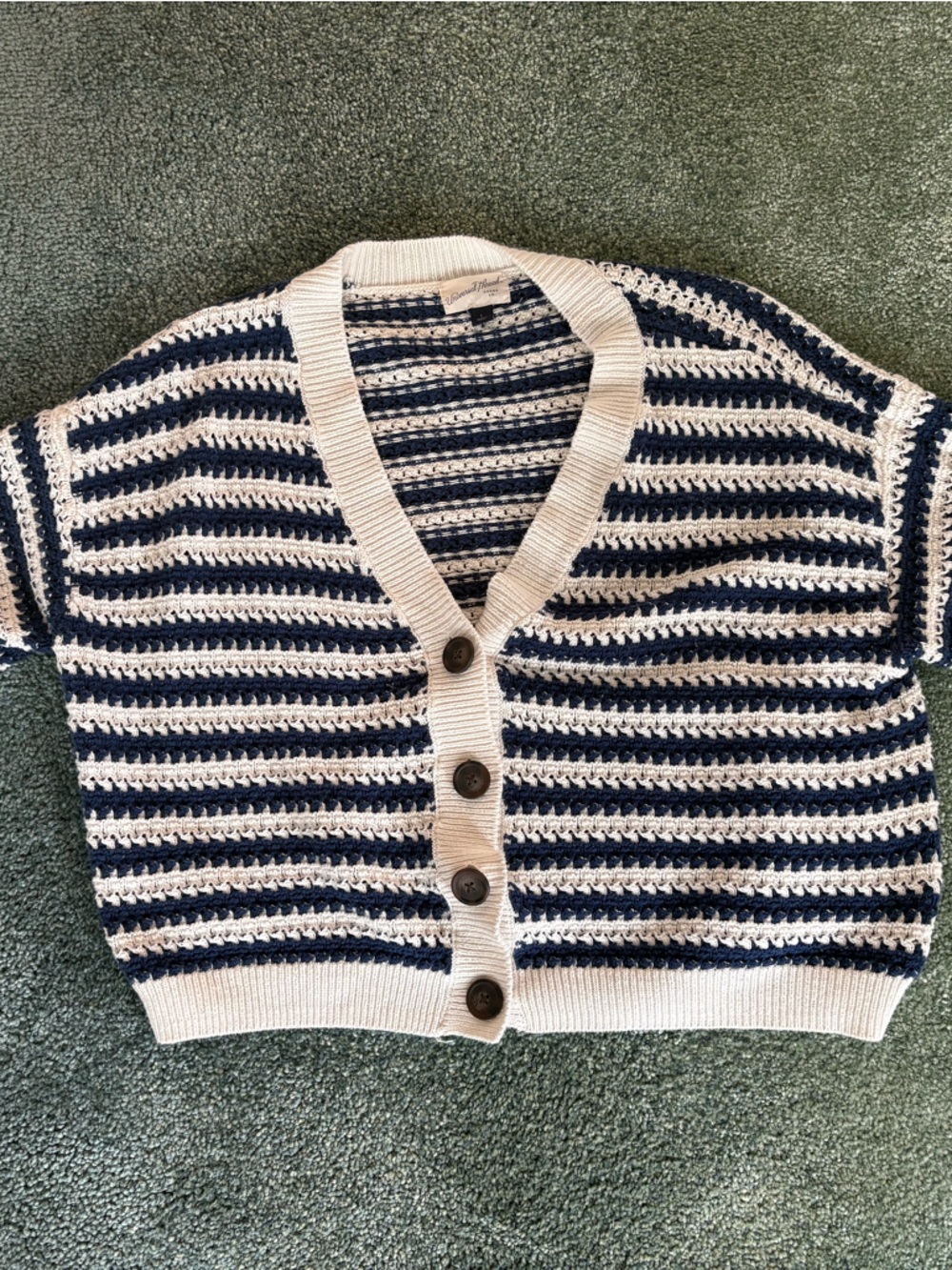 Universal Thread Navy and Cream Striped Short-Sleeve Button Cardigan